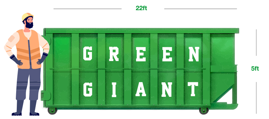 30-cubic-yard graphic with a green dumpster and a construction working standing on the left side in front of the dumpster.
